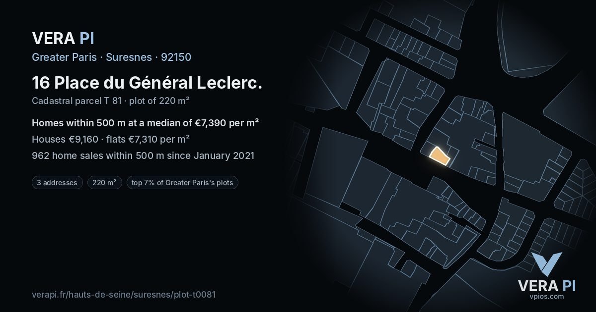 16 Place du Général Leclerc, Suresnes at night – the plot lit, the parcels around coloured by the prices near them