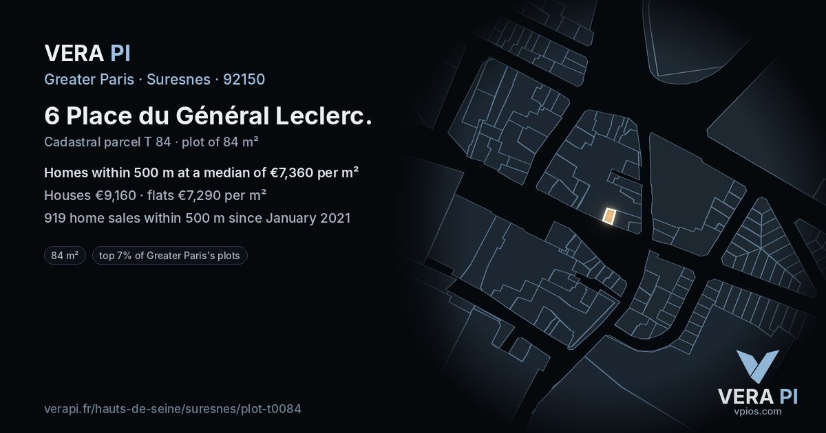 6 Place du Général Leclerc, Suresnes at night – the plot lit, the parcels around coloured by the prices near them