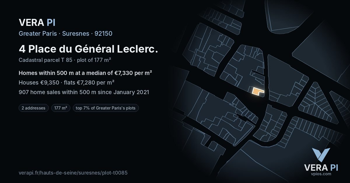 4 Place du Général Leclerc, Suresnes at night – the plot lit, the parcels around coloured by the prices near them
