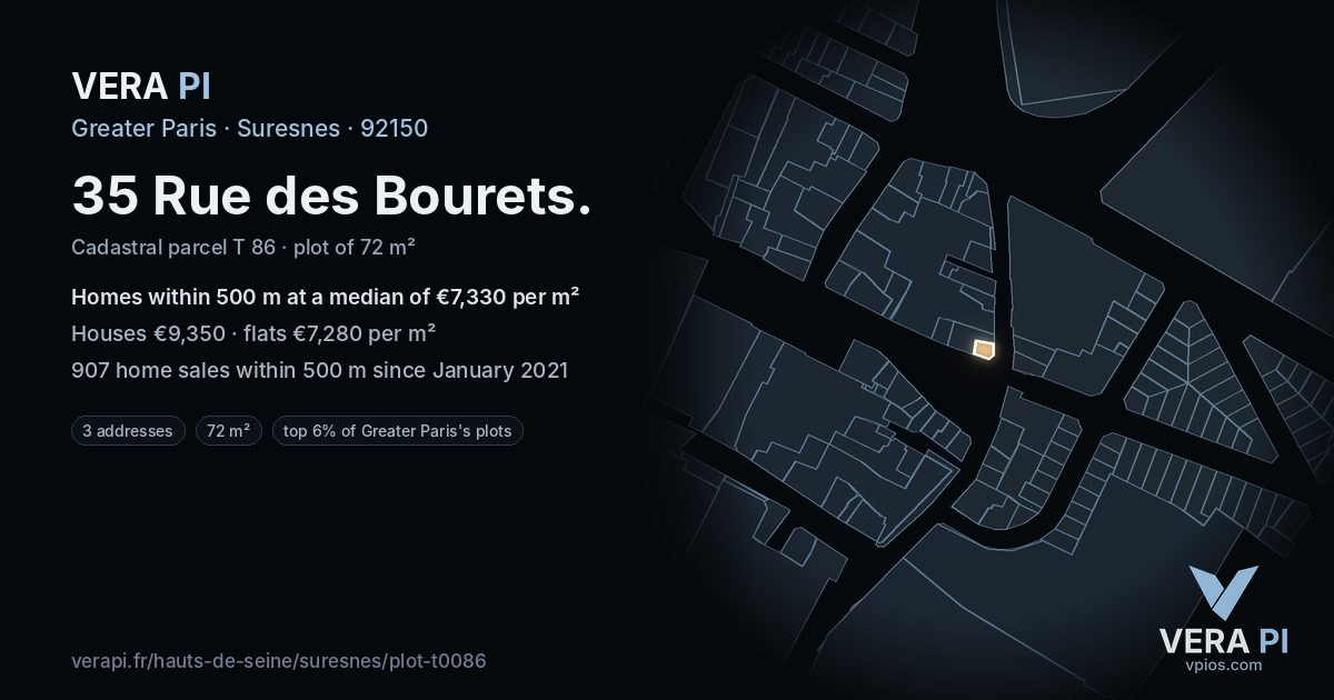 35 Rue des Bourets, Suresnes at night – the plot lit, the parcels around coloured by the prices near them