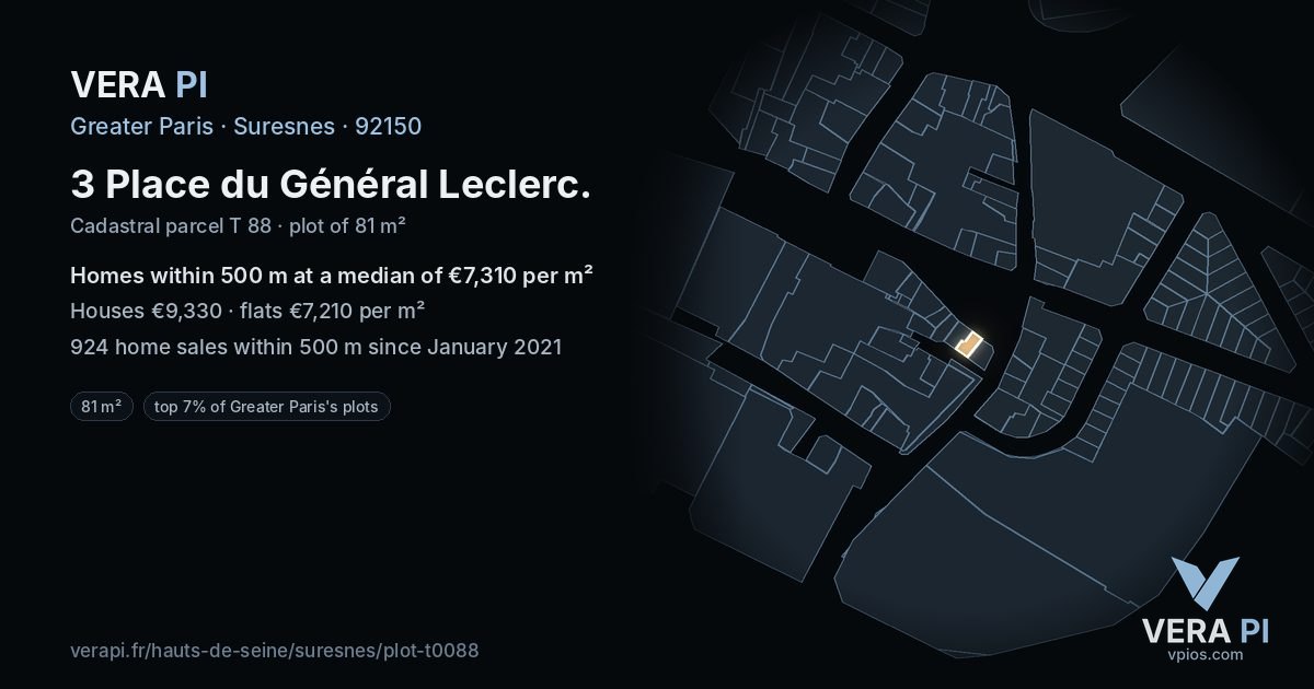 3 Place du Général Leclerc, Suresnes at night – the plot lit, the parcels around coloured by the prices near them