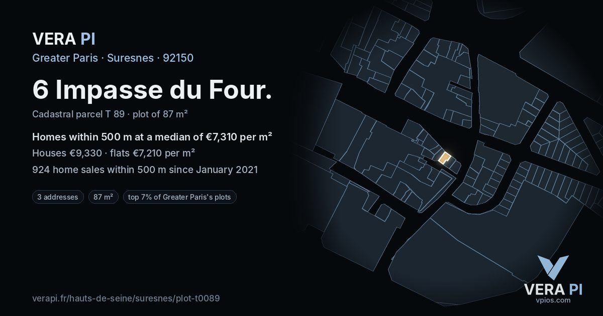 6 Impasse du Four, Suresnes at night – the plot lit, the parcels around coloured by the prices near them
