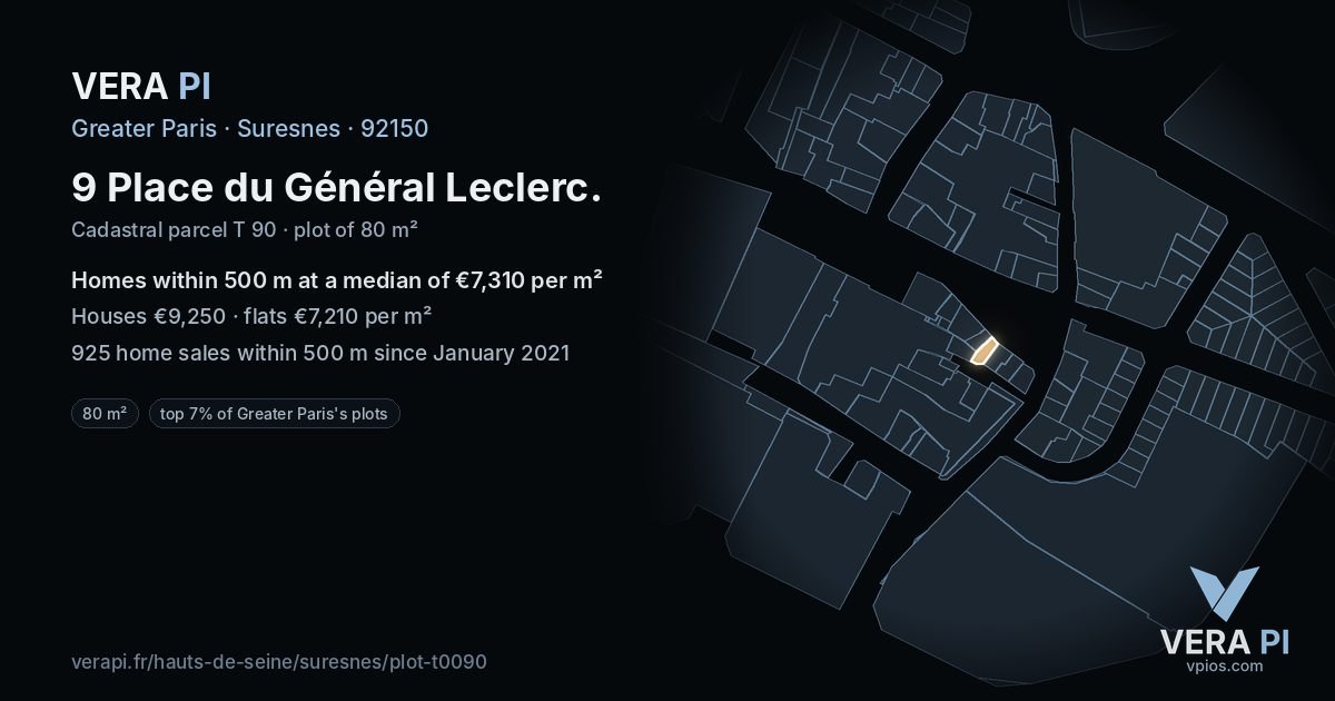 9 Place du Général Leclerc, Suresnes at night – the plot lit, the parcels around coloured by the prices near them
