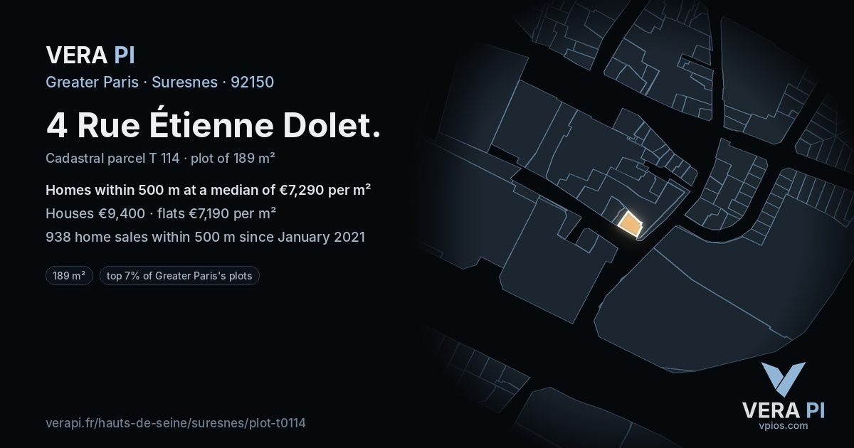 4 Rue Étienne Dolet, Suresnes at night – the plot lit, the parcels around coloured by the prices near them