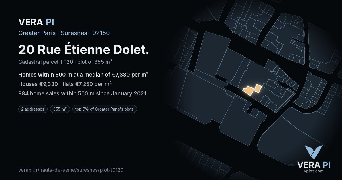 20 Rue Étienne Dolet, Suresnes at night – the plot lit, the parcels around coloured by the prices near them