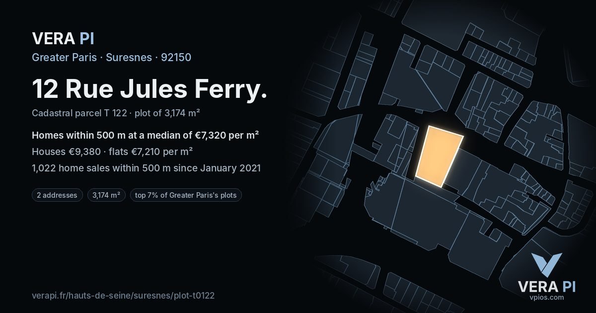 12 Rue Jules Ferry, Suresnes at night – the plot lit, the parcels around coloured by the prices near them