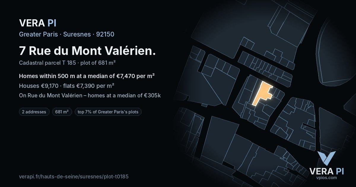 7 Rue du Mont Valérien, Suresnes at night – the plot lit, the parcels around coloured by the prices near them