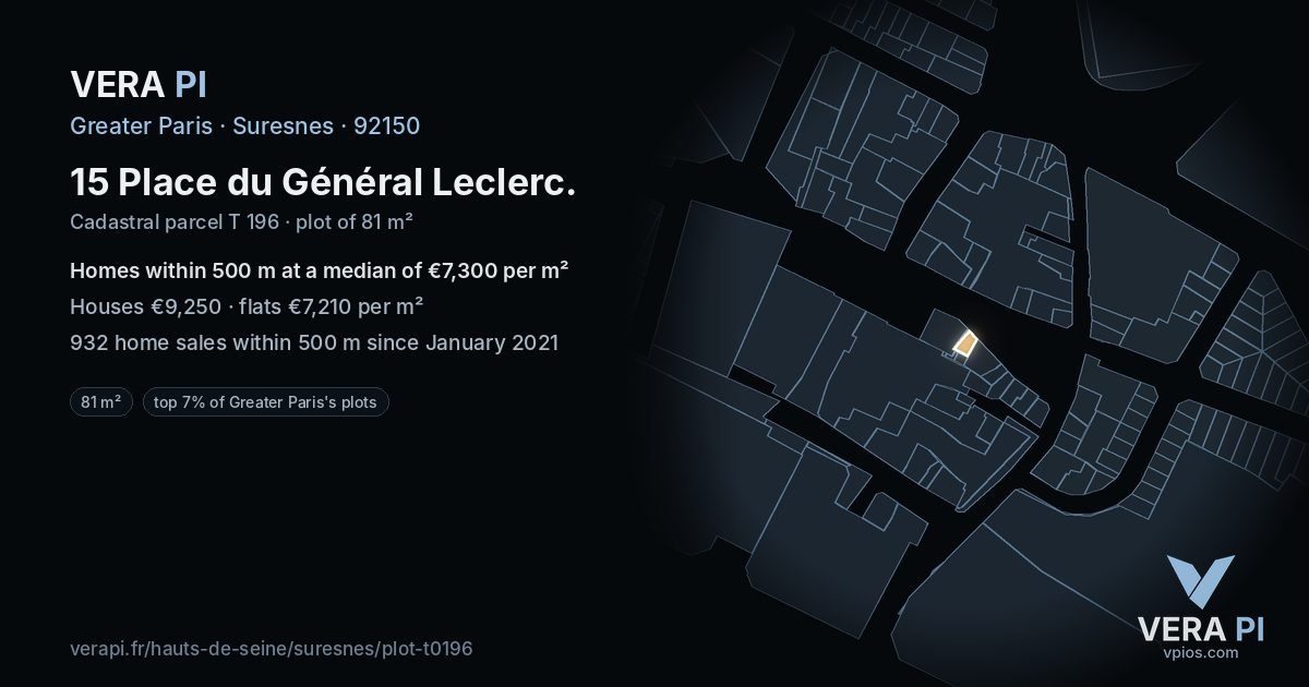 15 Place du Général Leclerc, Suresnes at night – the plot lit, the parcels around coloured by the prices near them
