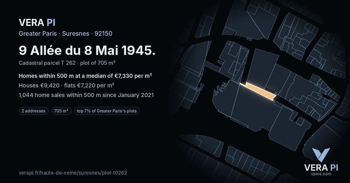 9 Allée du 8 Mai 1945, Suresnes at night – the plot lit, the parcels around coloured by the prices near them