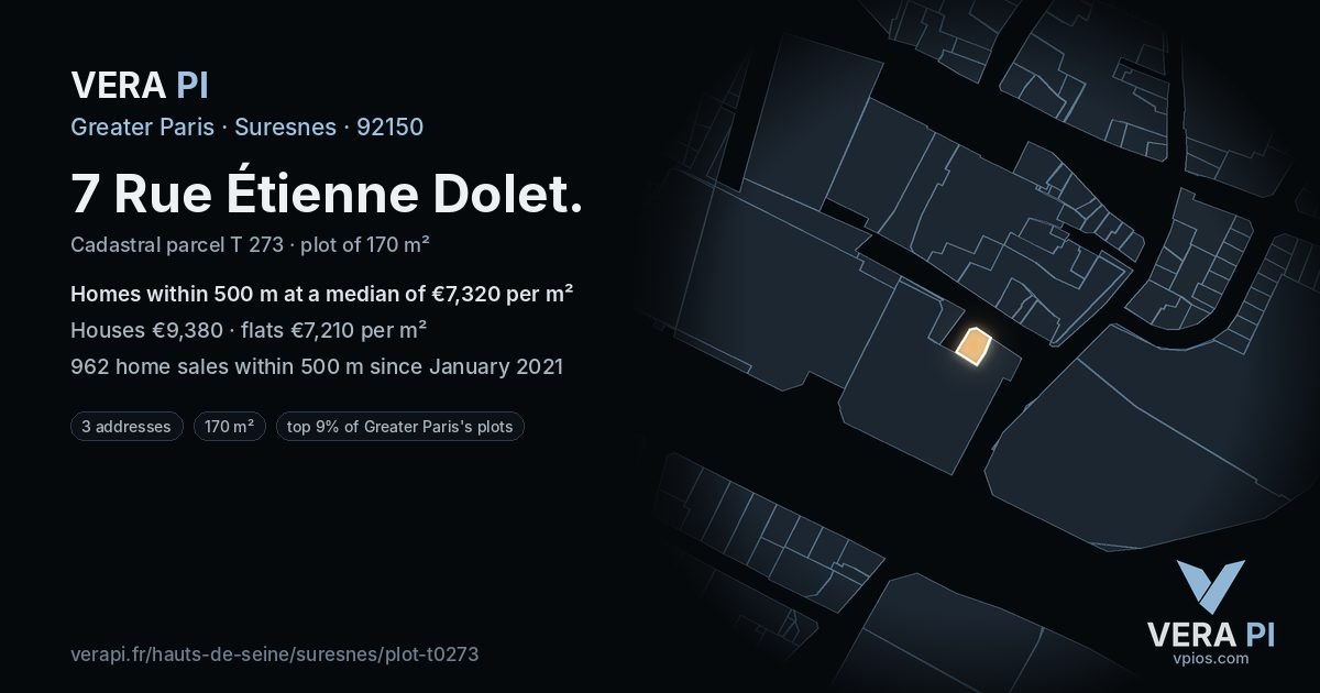 7 Rue Étienne Dolet, Suresnes at night – the plot lit, the parcels around coloured by the prices near them