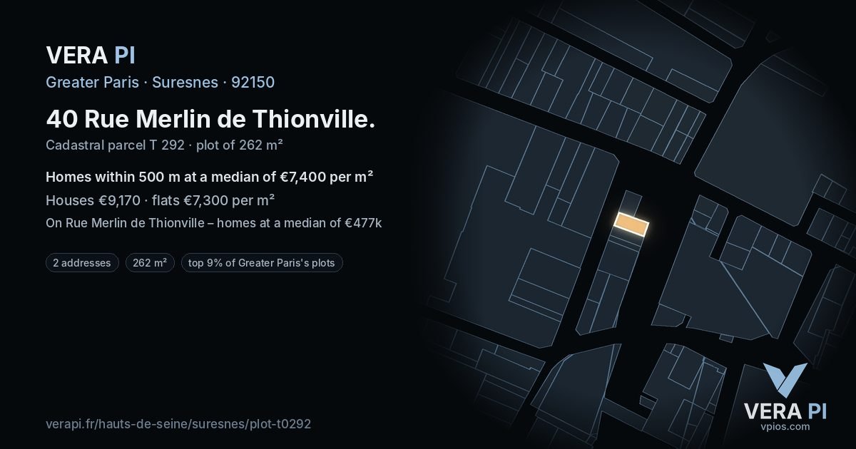 40 Rue Merlin de Thionville, Suresnes at night – the plot lit, the parcels around coloured by the prices near them