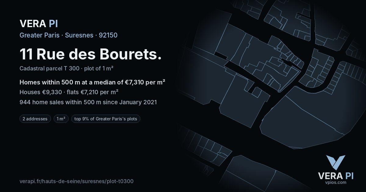 11 Rue des Bourets, Suresnes at night – the plot lit, the parcels around coloured by the prices near them