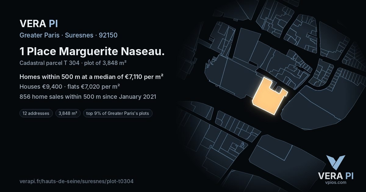 1 Place Marguerite Naseau, Suresnes at night – the plot lit, the parcels around coloured by the prices near them