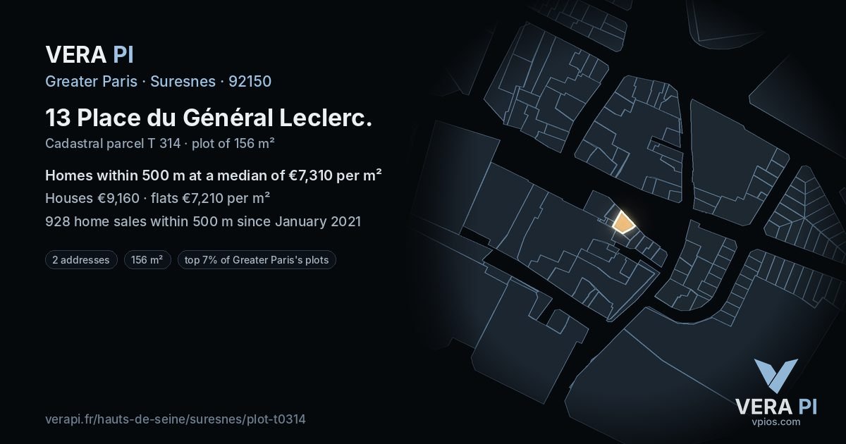 13 Place du Général Leclerc, Suresnes at night – the plot lit, the parcels around coloured by the prices near them