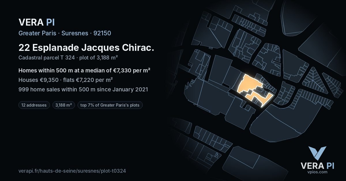 22 Esplanade Jacques Chirac, Suresnes at night – the plot lit, the parcels around coloured by the prices near them