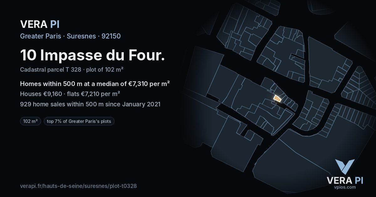 10 Impasse du Four, Suresnes at night – the plot lit, the parcels around coloured by the prices near them