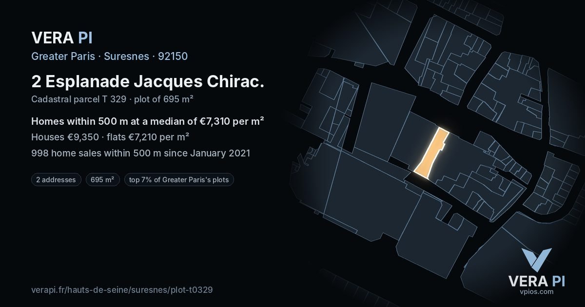 2 Esplanade Jacques Chirac, Suresnes at night – the plot lit, the parcels around coloured by the prices near them