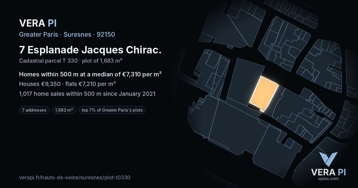 7 Esplanade Jacques Chirac, Suresnes at night – the plot lit, the parcels around coloured by the prices near them