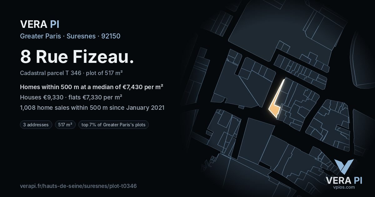8 Rue Fizeau, Suresnes at night – the plot lit, the parcels around coloured by the prices near them