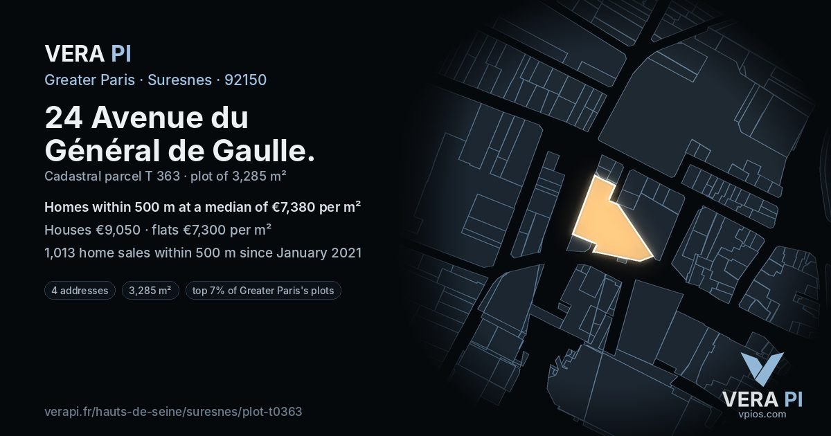 24 Avenue du Général de Gaulle, Suresnes at night – the plot lit, the parcels around coloured by the prices near them