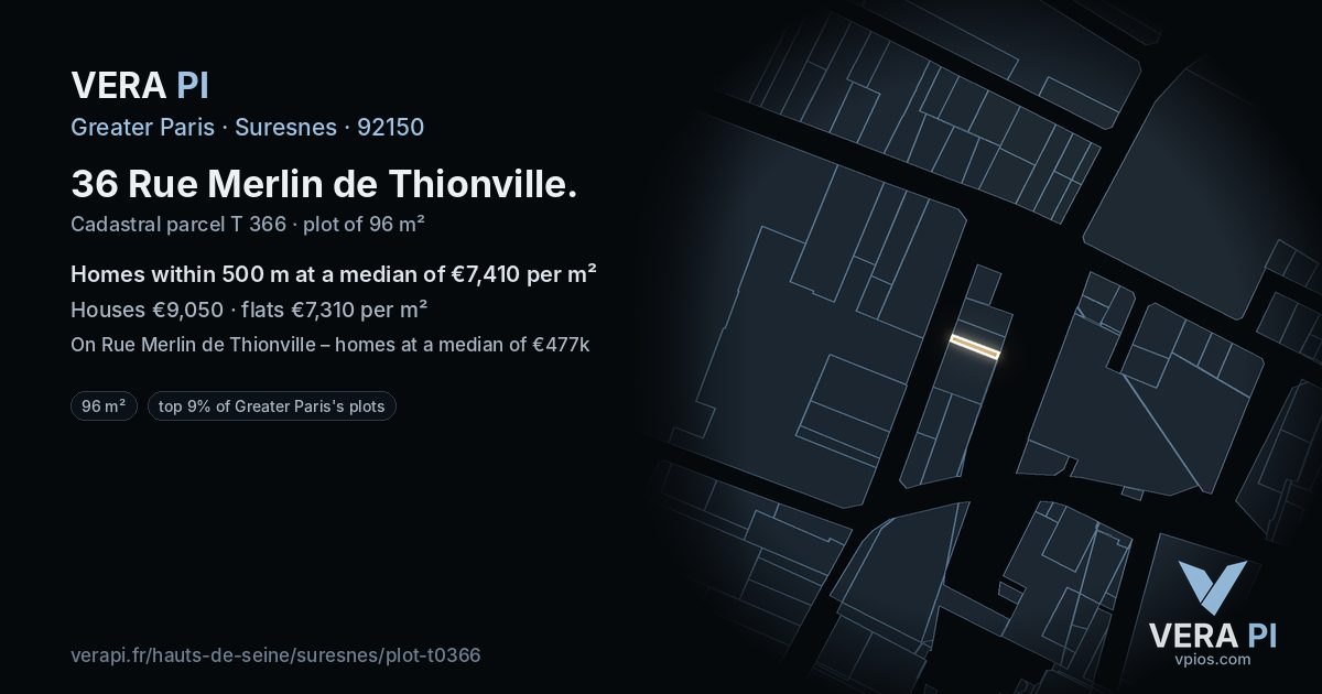 36 Rue Merlin de Thionville, Suresnes at night – the plot lit, the parcels around coloured by the prices near them