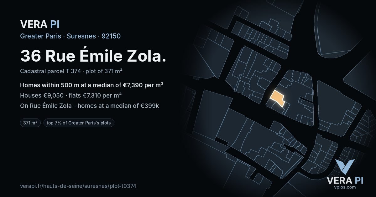 36 Rue Émile Zola, Suresnes at night – the plot lit, the parcels around coloured by the prices near them