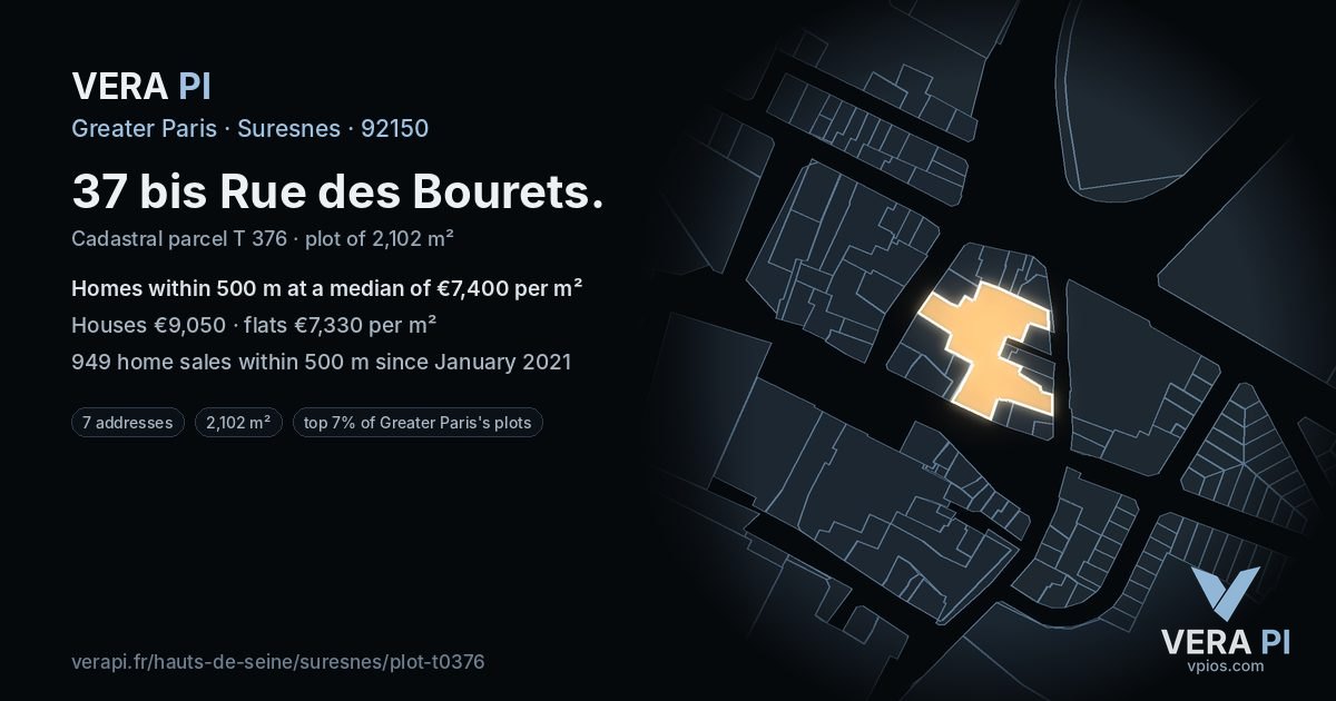 37 bis Rue des Bourets, Suresnes at night – the plot lit, the parcels around coloured by the prices near them