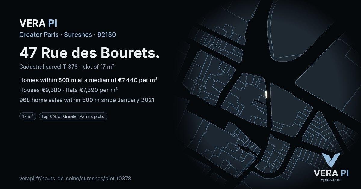 47 Rue des Bourets, Suresnes at night – the plot lit, the parcels around coloured by the prices near them