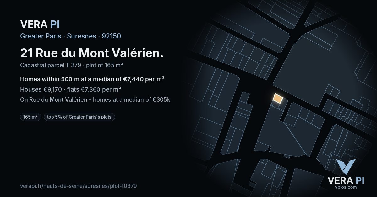 21 Rue du Mont Valérien, Suresnes at night – the plot lit, the parcels around coloured by the prices near them