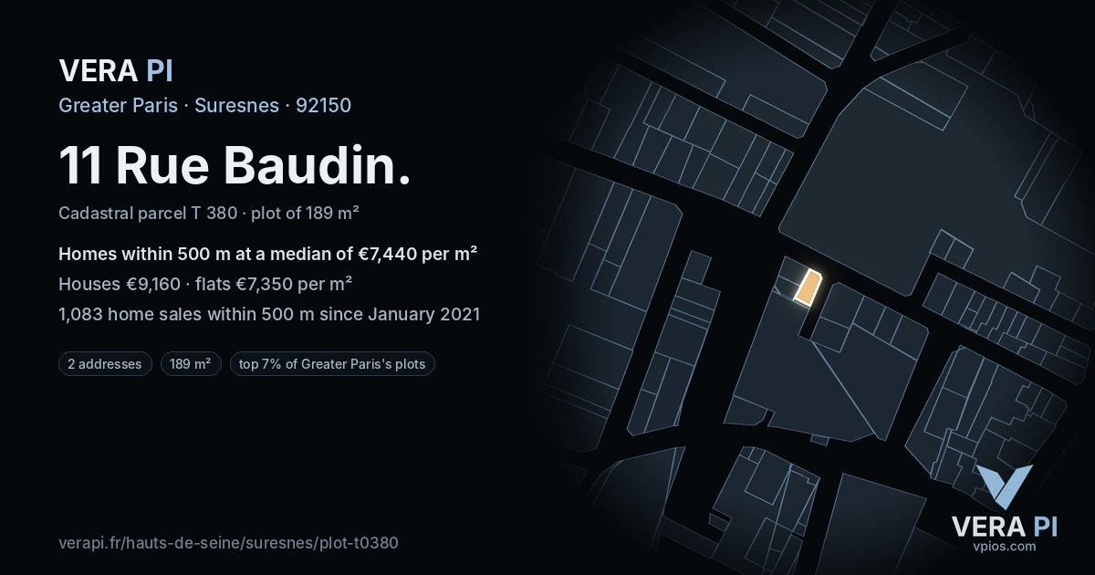 11 Rue Baudin, Suresnes at night – the plot lit, the parcels around coloured by the prices near them
