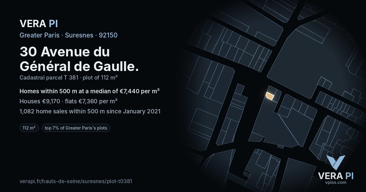 30 Avenue du Général de Gaulle, Suresnes at night – the plot lit, the parcels around coloured by the prices near them