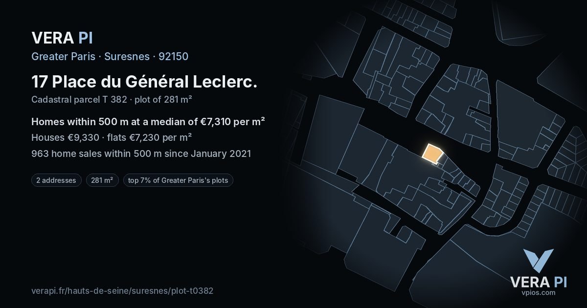 17 Place du Général Leclerc, Suresnes at night – the plot lit, the parcels around coloured by the prices near them