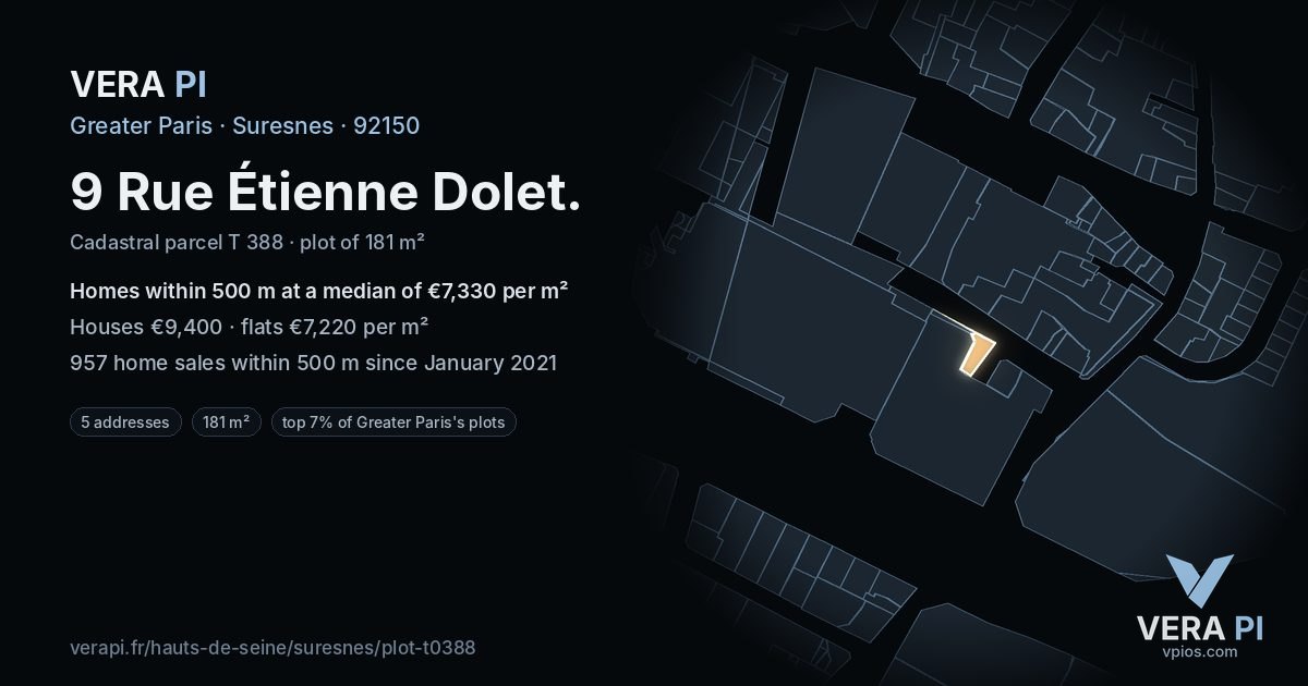9 Rue Étienne Dolet, Suresnes at night – the plot lit, the parcels around coloured by the prices near them