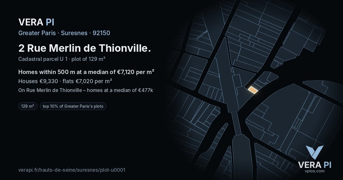 2 Rue Merlin de Thionville, Suresnes at night – the plot lit, the parcels around coloured by the prices near them