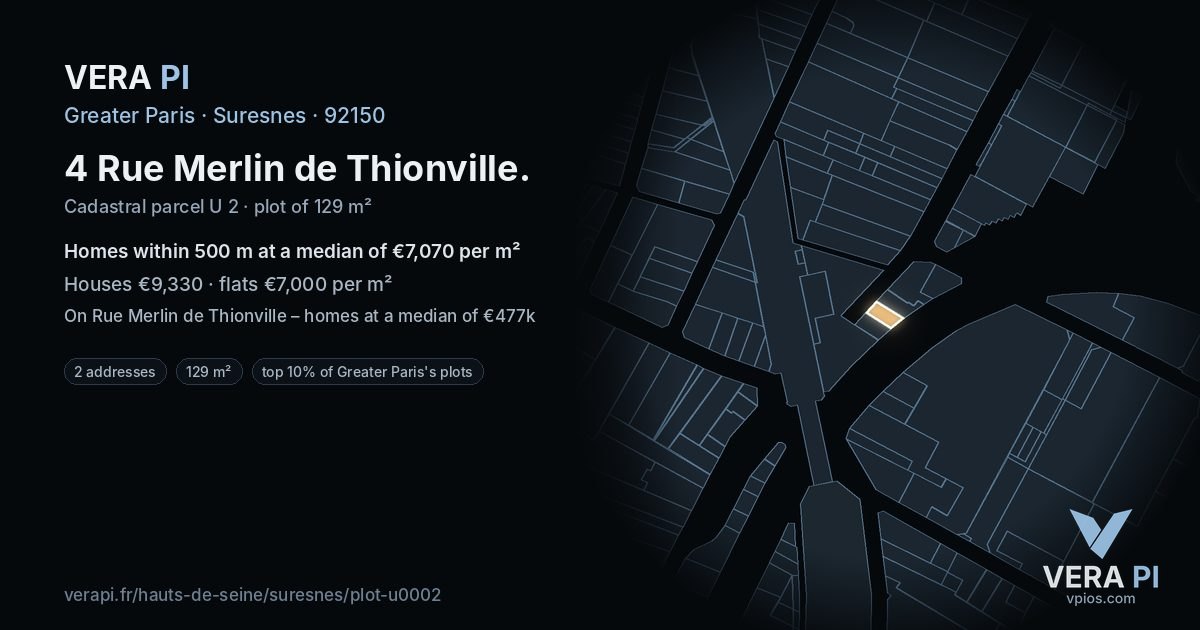 4 Rue Merlin de Thionville, Suresnes at night – the plot lit, the parcels around coloured by the prices near them