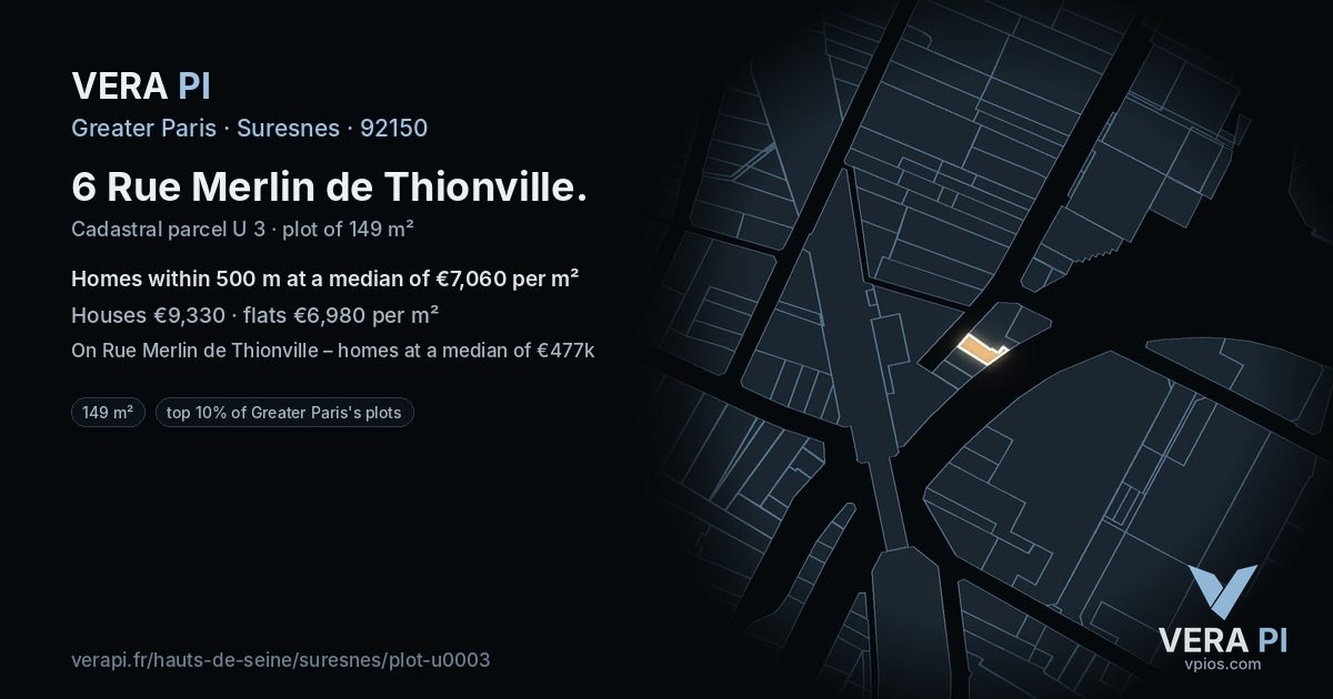 6 Rue Merlin de Thionville, Suresnes at night – the plot lit, the parcels around coloured by the prices near them
