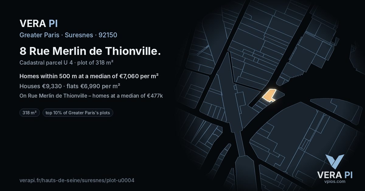 8 Rue Merlin de Thionville, Suresnes at night – the plot lit, the parcels around coloured by the prices near them
