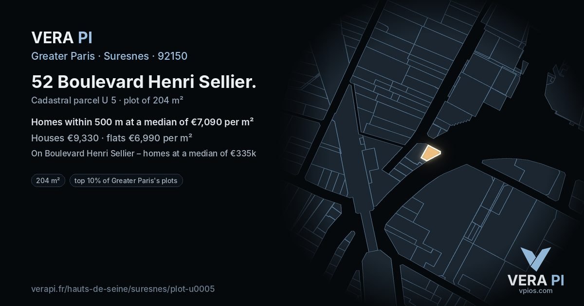 52 Boulevard Henri Sellier, Suresnes at night – the plot lit, the parcels around coloured by the prices near them