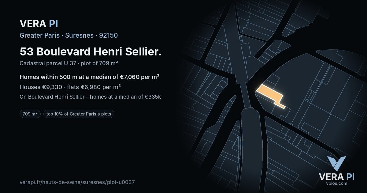 53 Boulevard Henri Sellier, Suresnes at night – the plot lit, the parcels around coloured by the prices near them