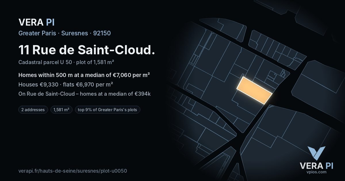 11 Rue de Saint-Cloud, Suresnes at night – the plot lit, the parcels around coloured by the prices near them