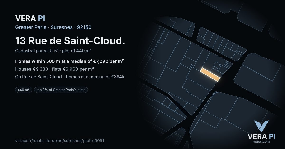 13 Rue de Saint-Cloud, Suresnes at night – the plot lit, the parcels around coloured by the prices near them