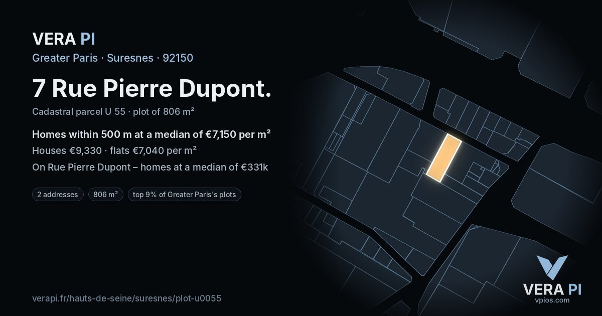 7 Rue Pierre Dupont, Suresnes at night – the plot lit, the parcels around coloured by the prices near them