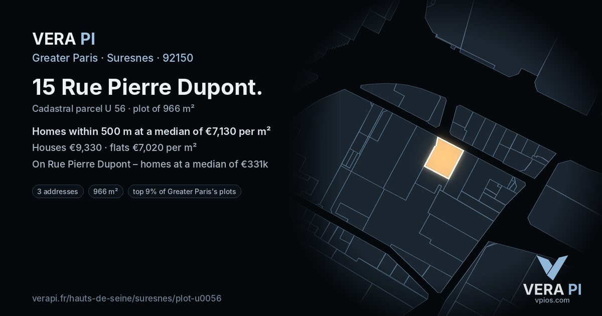 15 Rue Pierre Dupont, Suresnes at night – the plot lit, the parcels around coloured by the prices near them