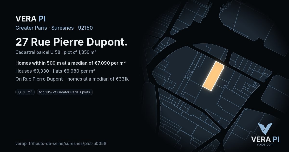27 Rue Pierre Dupont, Suresnes at night – the plot lit, the parcels around coloured by the prices near them