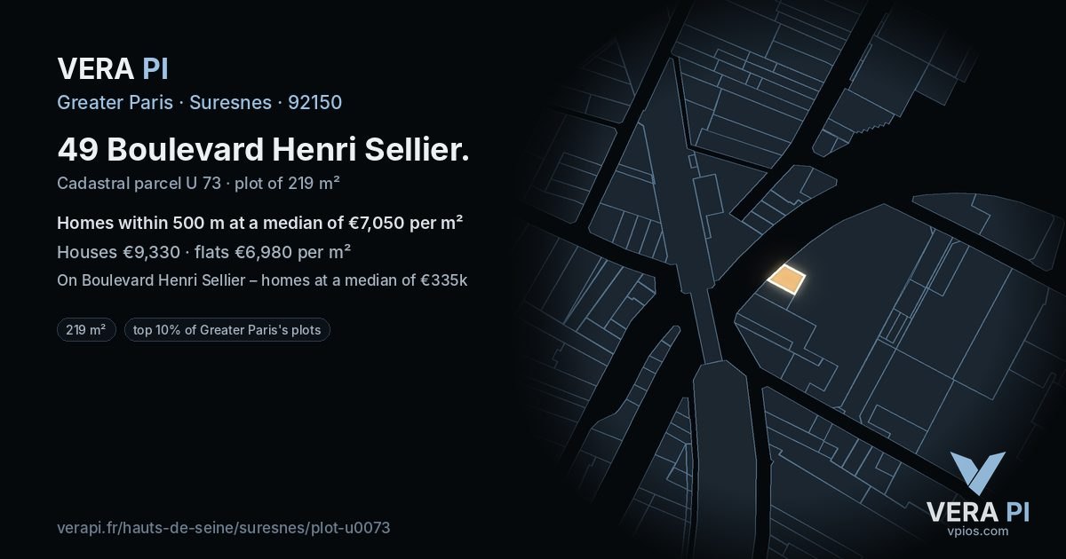 49 Boulevard Henri Sellier, Suresnes at night – the plot lit, the parcels around coloured by the prices near them