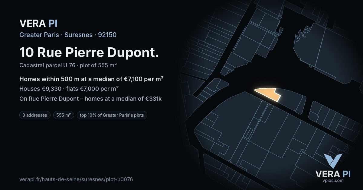10 Rue Pierre Dupont, Suresnes at night – the plot lit, the parcels around coloured by the prices near them