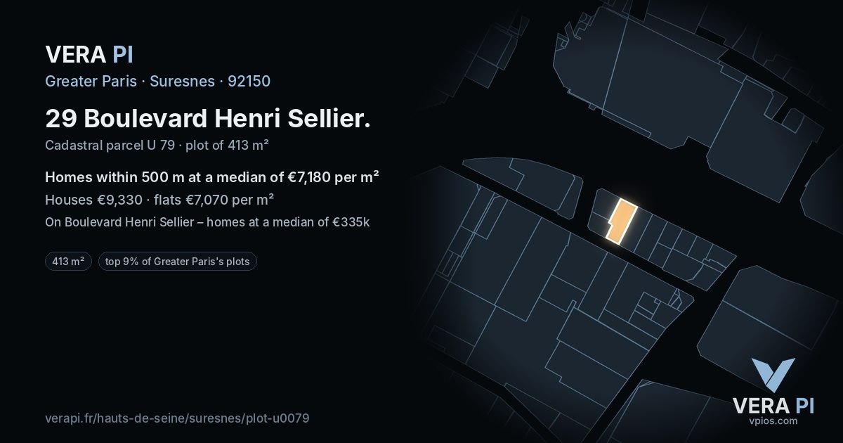 29 Boulevard Henri Sellier, Suresnes at night – the plot lit, the parcels around coloured by the prices near them
