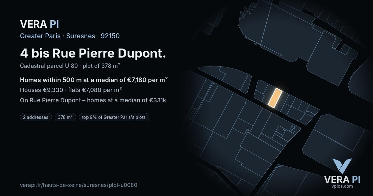 4 bis Rue Pierre Dupont, Suresnes at night – the plot lit, the parcels around coloured by the prices near them