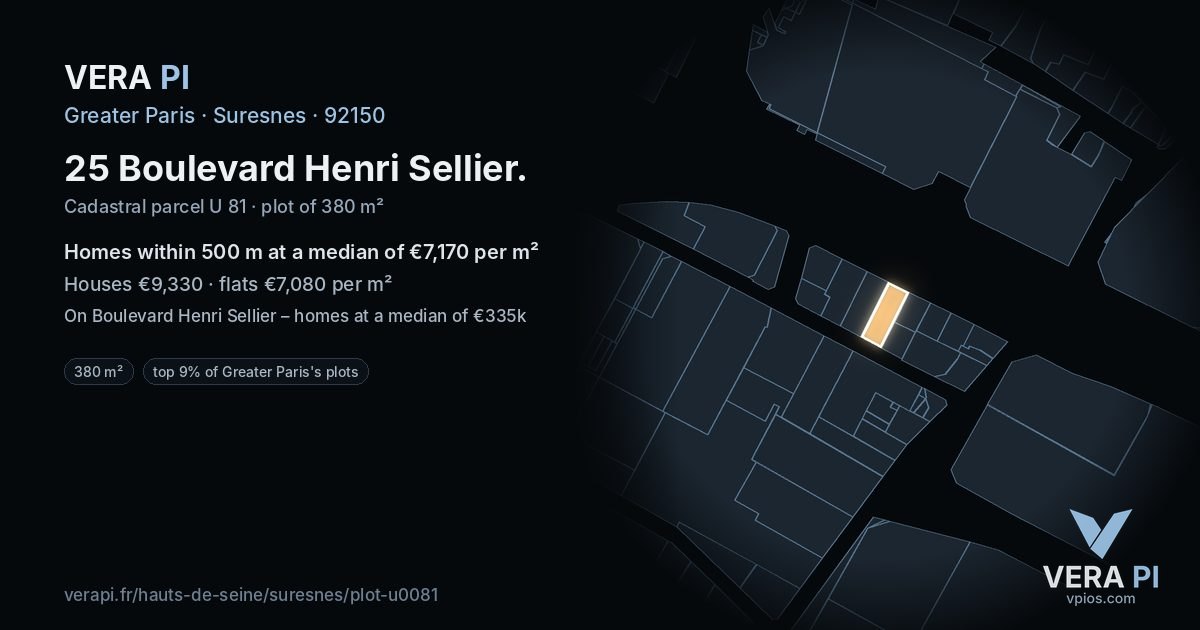 25 Boulevard Henri Sellier, Suresnes at night – the plot lit, the parcels around coloured by the prices near them