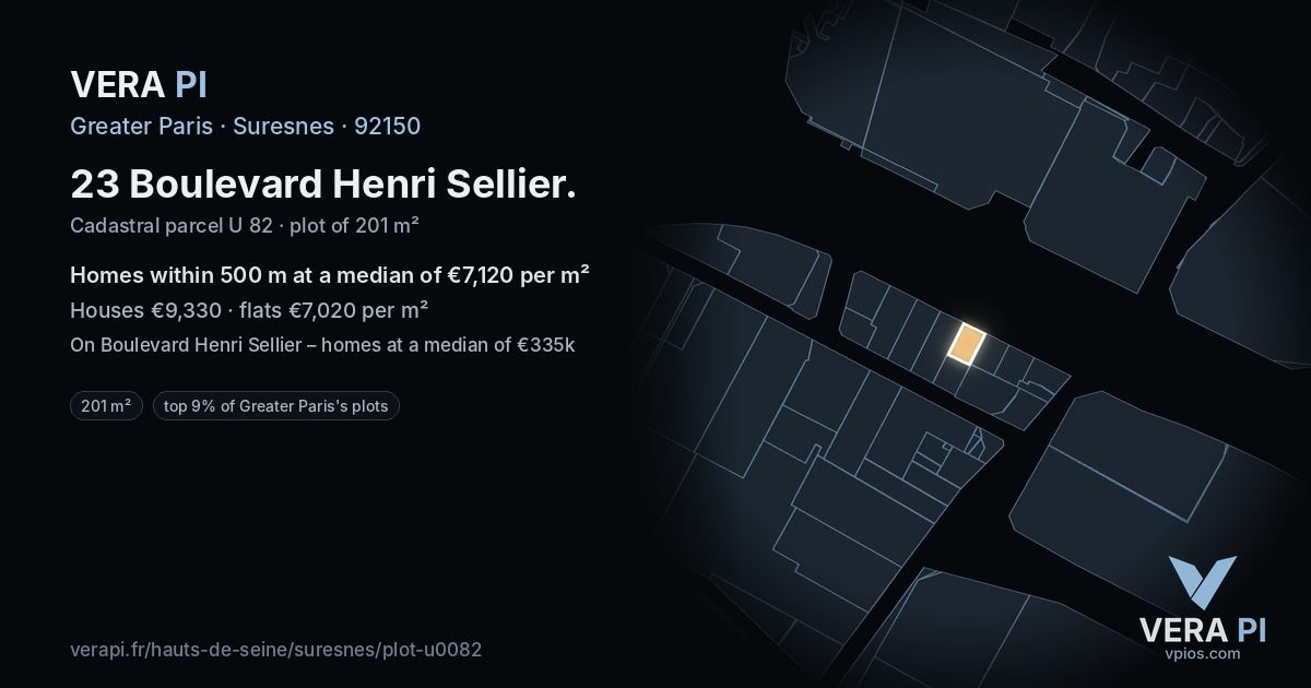 23 Boulevard Henri Sellier, Suresnes at night – the plot lit, the parcels around coloured by the prices near them